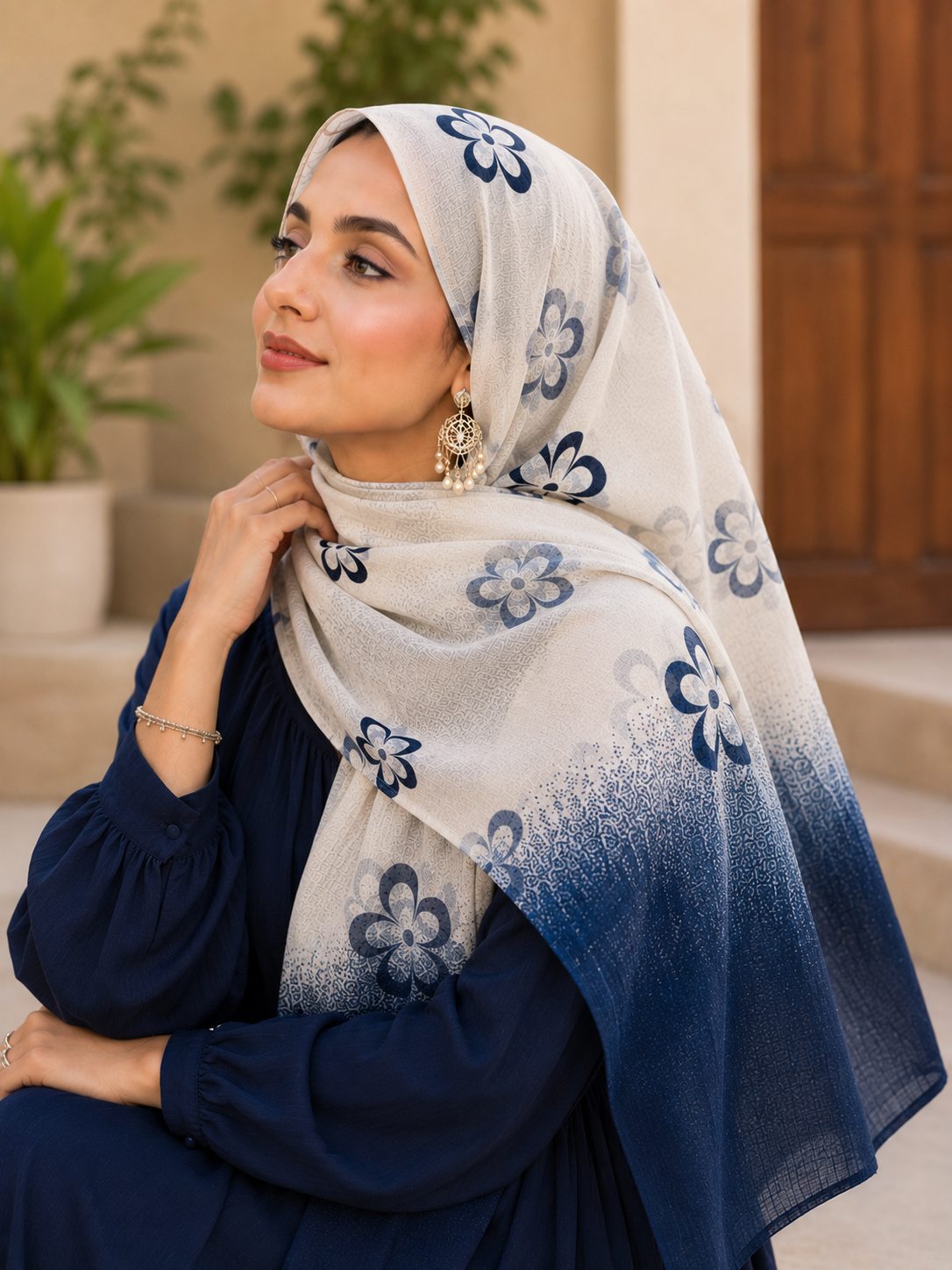 Navy Blue & Ivory Floral Printed cotton Hijab