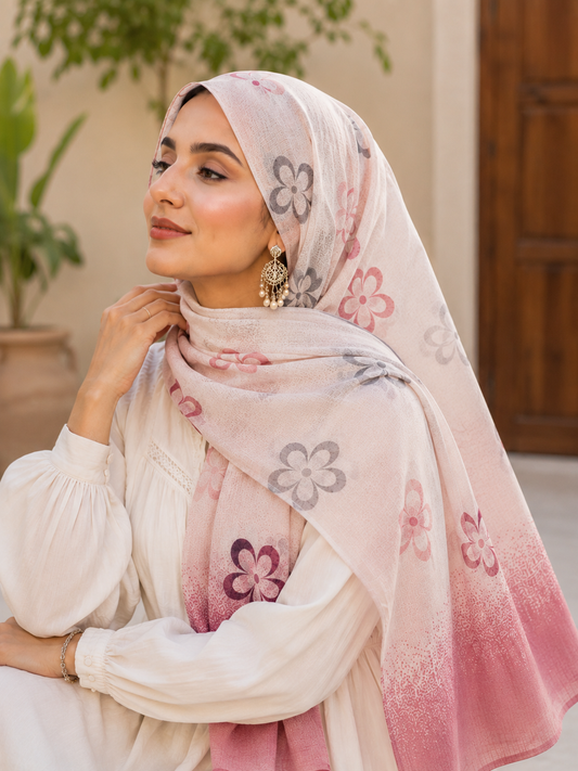 Blush Rose Floral Printed Cotton Hijab