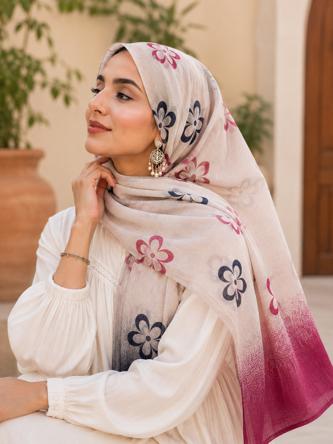 Berry Wine & Ivory Floral Floral Printed Pure Cotton Hijab