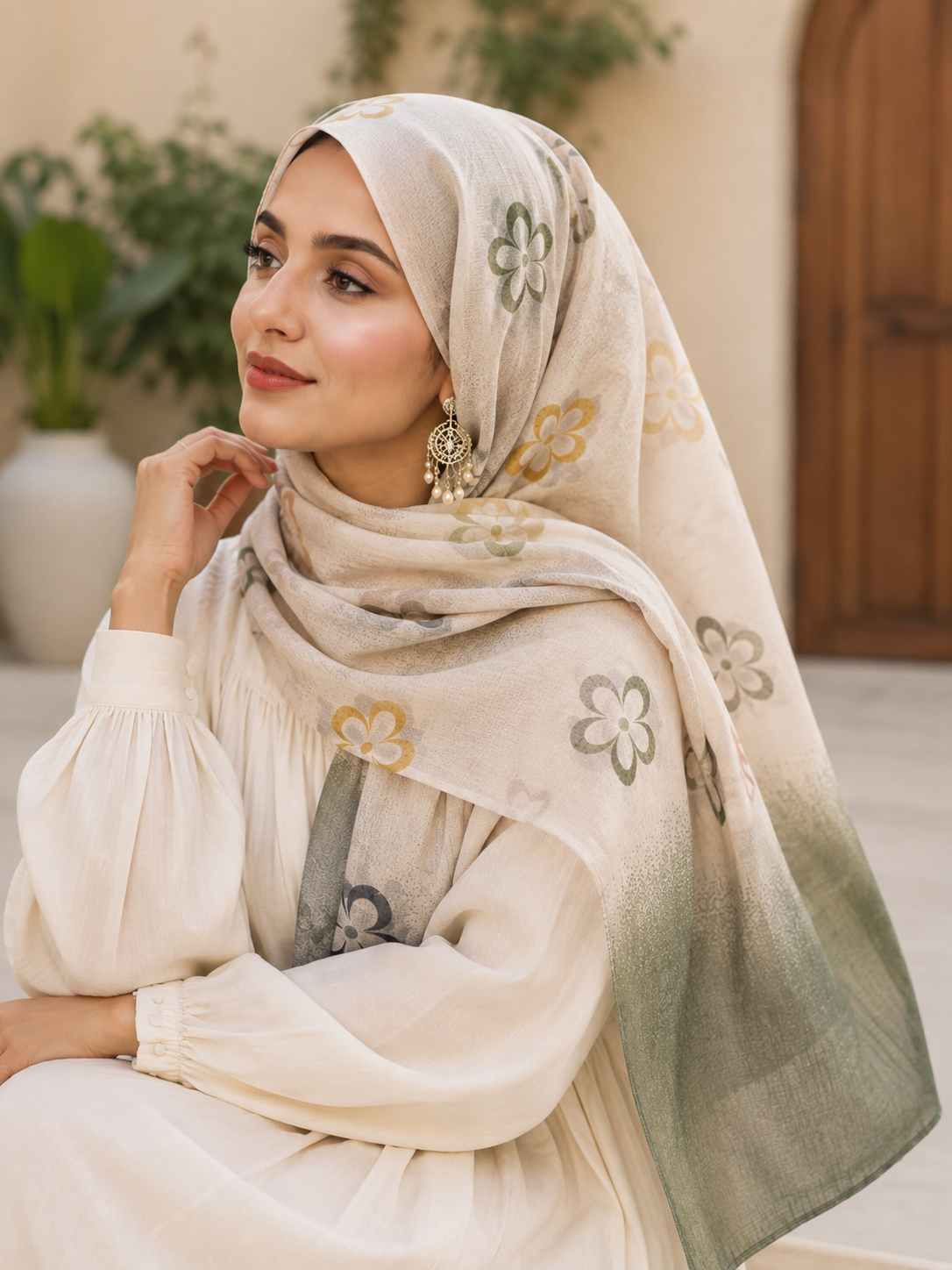Sage Green Ivory Floral Printed Pure Cotton Hijab