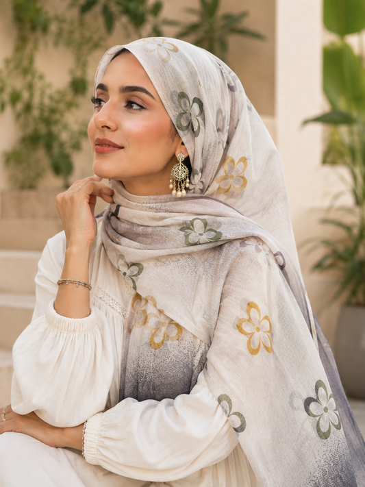 Ivory Beige Floral Printed Pure Cotton Hijab